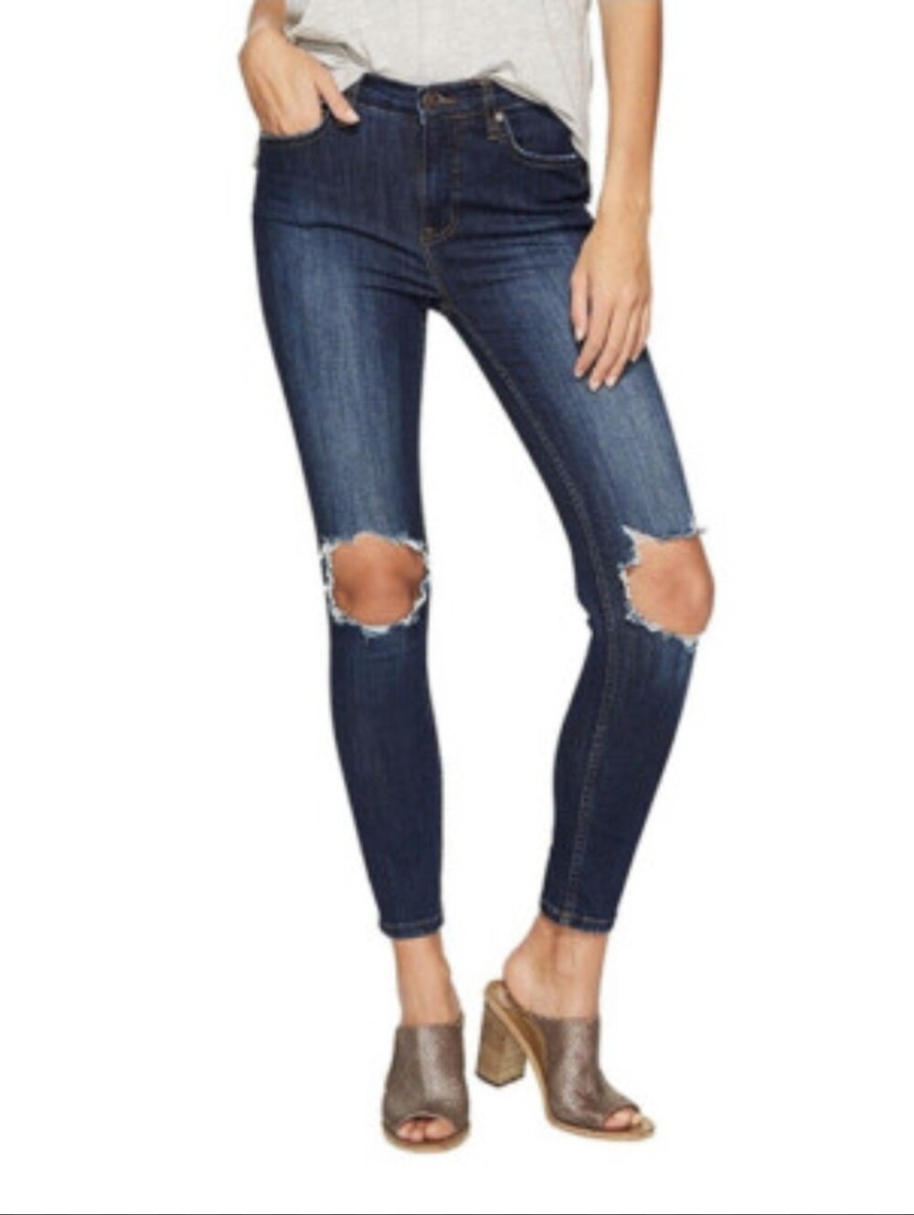 Free People Dark Blue Ripped Skinny Jeans Size 26R